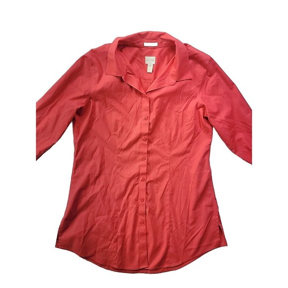 Chico's Women's L/12 (2) Coral Long Button-Up Shirt No-Iron Stretch Tunic - Picture 1 of 8